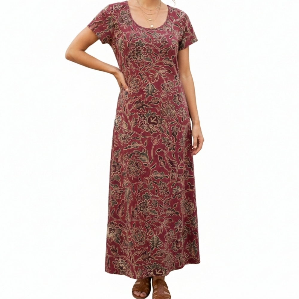 Peruvian Connection Floral Cotton Lycra Maxi Dress - Size S - Burgundy Batik